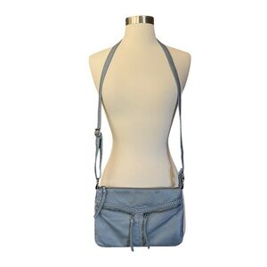 Bueno Cross Body Bag Blue Faux Leather Shoulder Strap Zippers Braided Festival